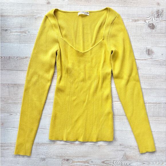 Anthropologie Sweetheart Ribbed Knit Sweater | Chartreuse Size M‎ - Picture 1 of 7